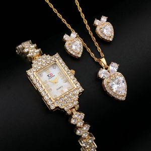 Gold crystal rectangular women watch with necklace and earrings