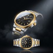 Gusalai Two Tone Gold Silver Quartz Watch for Men with Black Dial