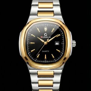 Gusalai Two Tone Gold Silver Quartz Watch for Men with Black Dial