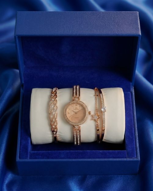 Rose Gold Women’s Quartz Watch & 3 Bracelet Gift Set
