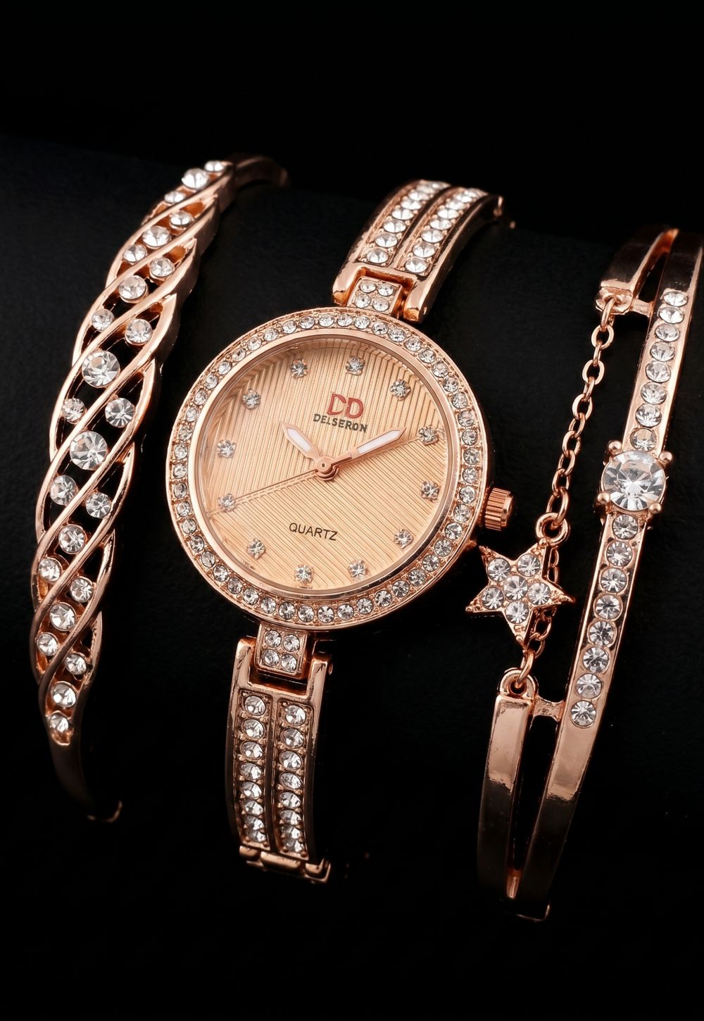 Rose Gold Women’s Quartz Watch & 3 Bracelet Gift Set