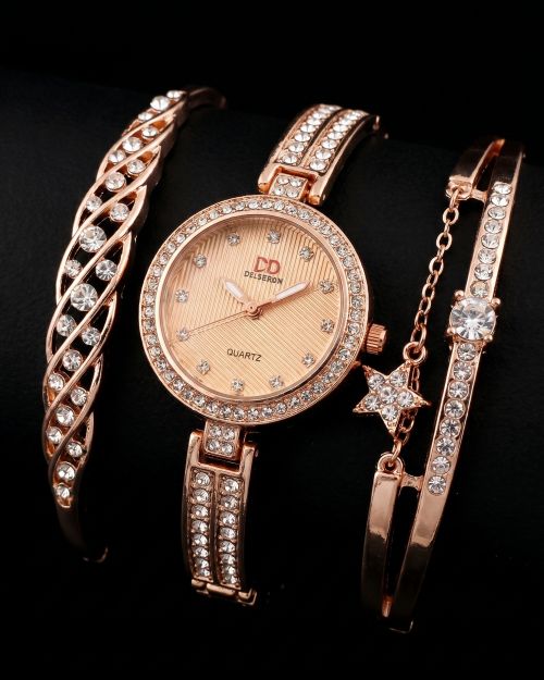 Rose Gold Women’s Quartz Watch & 3 Bracelet Gift Set