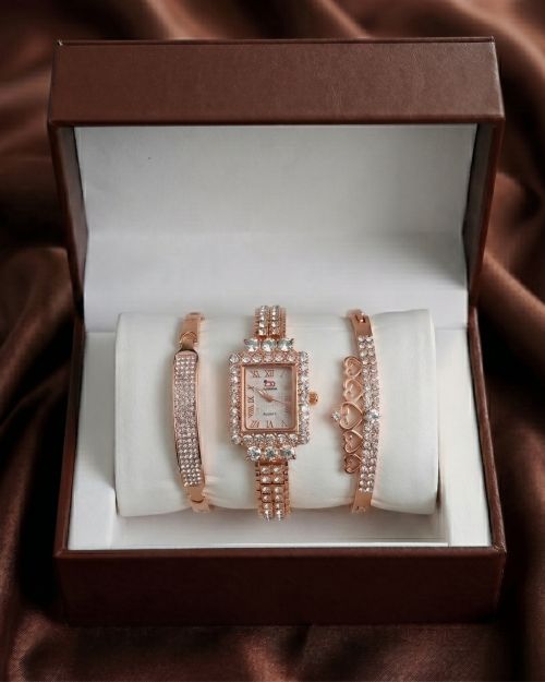 Rose gold rectangular crystal watch and bracelet set