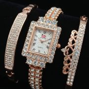 Rose gold rectangular crystal watch and bracelet set