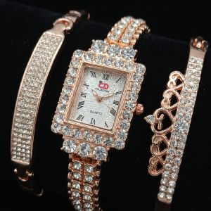 Rose gold rectangular crystal watch and bracelet set