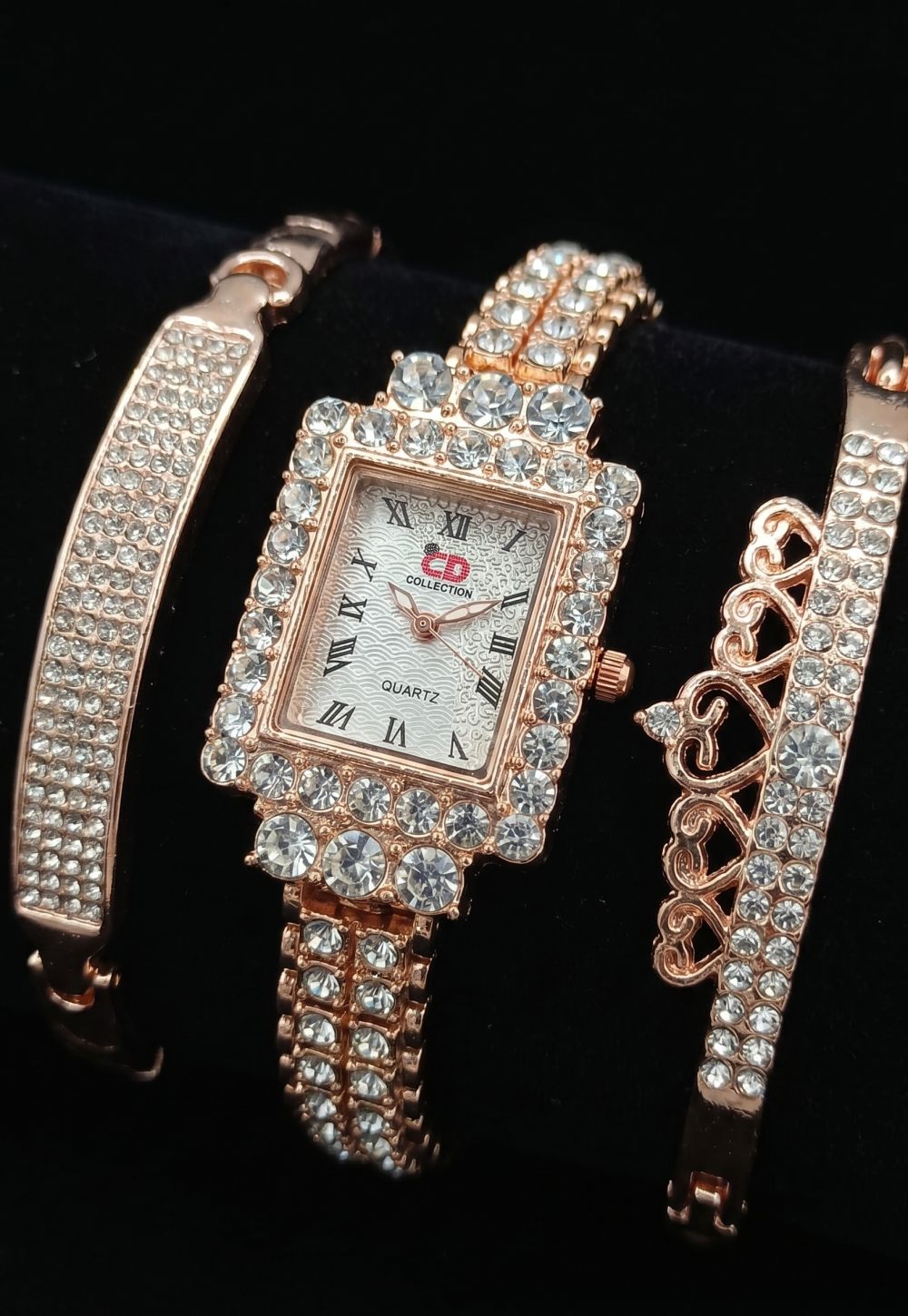 Rose gold rectangular crystal watch and bracelet set