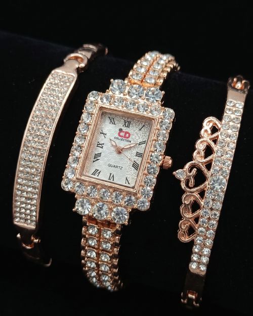 Rose gold rectangular crystal watch and bracelet set