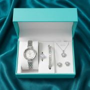 Silver Floral Dial Watch & Teardrop Crystal Jewelry Set (5-Piece)