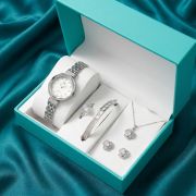 Silver Floral Dial Watch & Teardrop Crystal Jewelry Set (5-Piece)