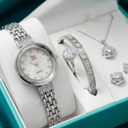 Silver Floral Dial Watch & Teardrop Crystal Jewelry Set (5-Piece)