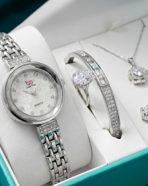 Silver Floral Dial Watch & Teardrop Crystal Jewelry Set (5-Piece)