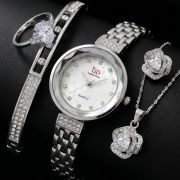 Silver Floral Dial Watch & Teardrop Crystal Jewelry Set (5-Piece)