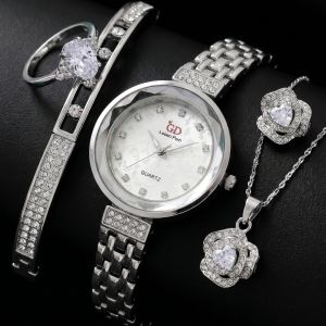 Silver Floral Dial Watch & Teardrop Crystal Jewelry Set (5-Piece)