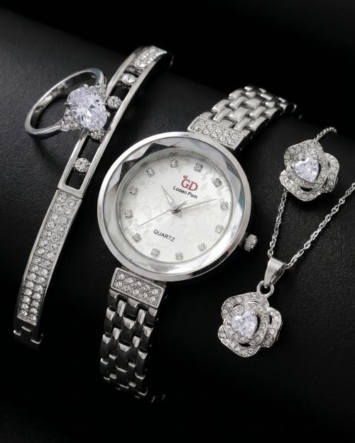 Silver Floral Dial Watch & Teardrop Crystal Jewelry Set (5-Piece)