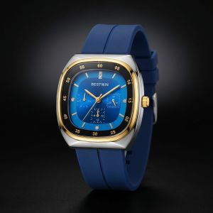 Bestwin Blue Dial Luxury Quartz Watch with Gold Bezel and Silicone Strap
