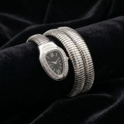 Silver crystal oval dial triple wrap bracelet watch for women