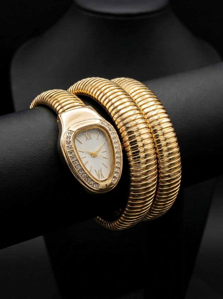 Gold crystal oval dial triple wrap bracelet watch for women