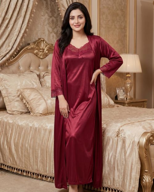 Women Plus Size Silk Nighty 2 Pc Nightwear Gown Robe