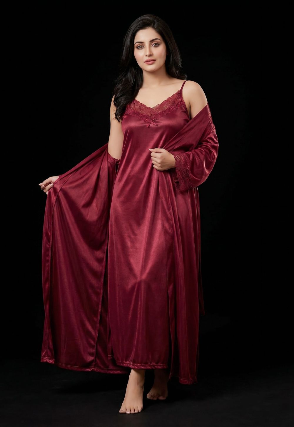 Women Plus Size Silk Nighty 2 Pc Nightwear Gown Robe