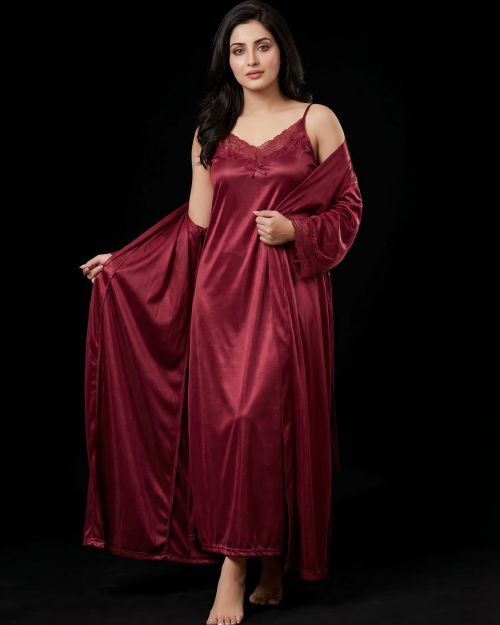Women Plus Size Silk Nighty 2 Pc Nightwear Gown Robe