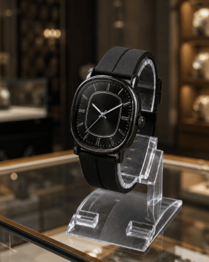 Revoli Black Cushion Dial Quartz Watch with Silicone Strap