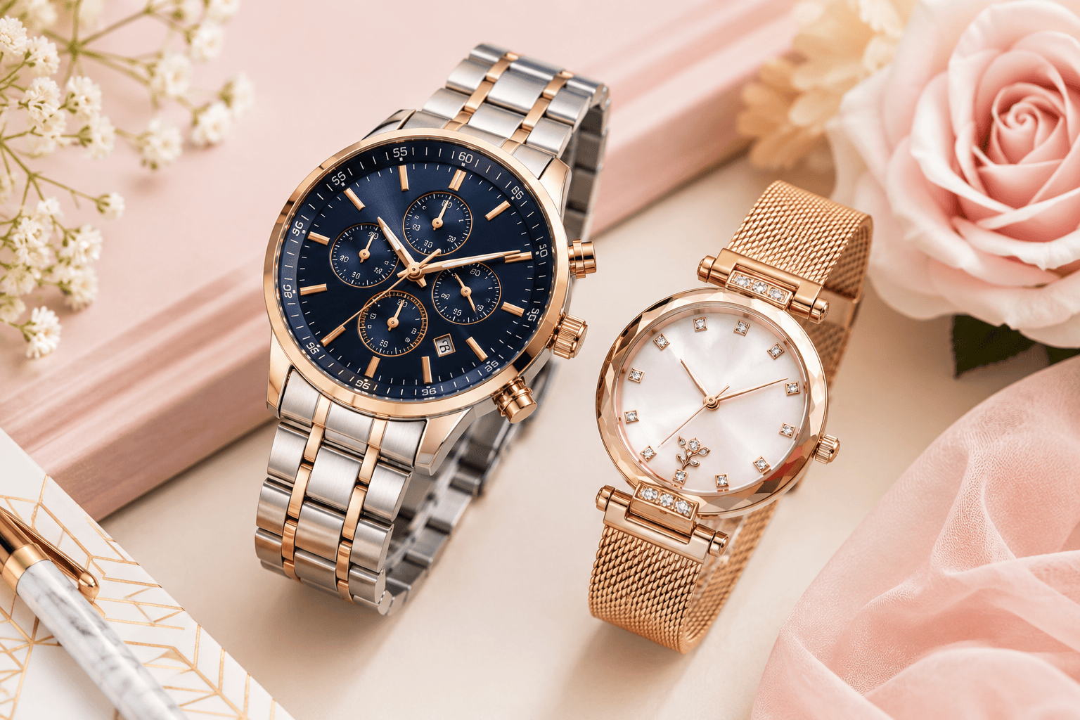 Elegant luxury watches with soft florals