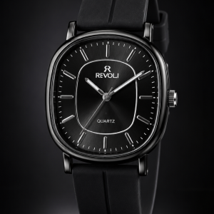 Revoli Black Cushion Dial Quartz Watch with Silicone Strap