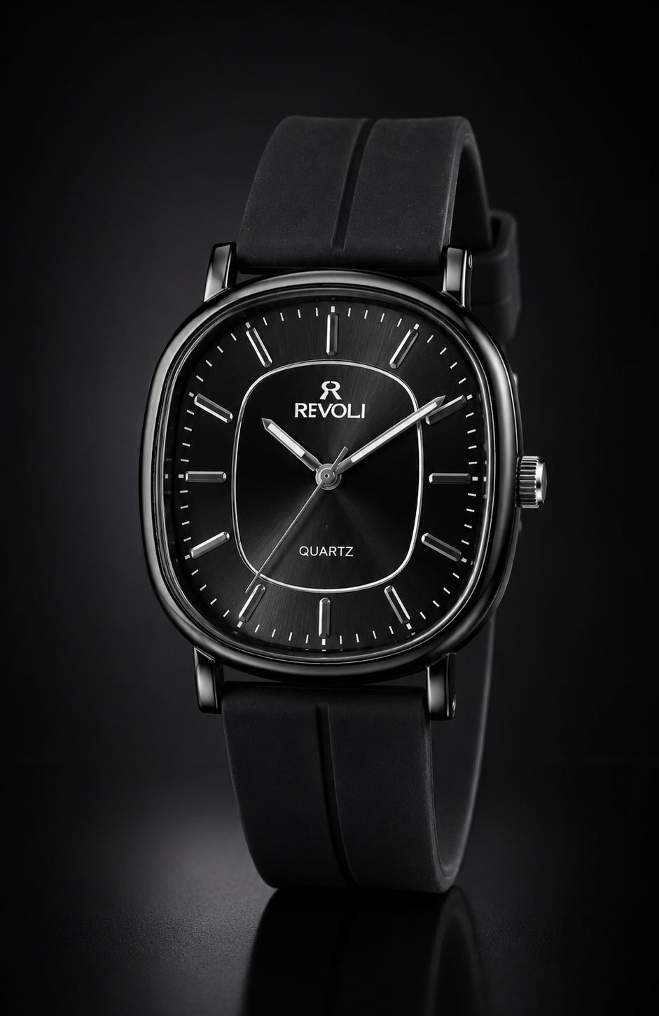 Revoli Black Cushion Dial Quartz Watch with Silicone Strap