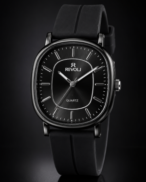 Revoli Black Cushion Dial Quartz Watch with Silicone Strap