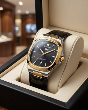 Cushion Case Day Date Leather-Style Strap Men’s Watch