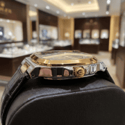 Cushion Case Day Date Leather-Style Strap Men’s Watch