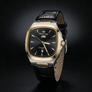 Cushion Case Day Date Leather-Style Strap Men’s Watch