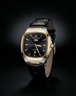 Cushion Case Day Date Leather-Style Strap Men’s Watch